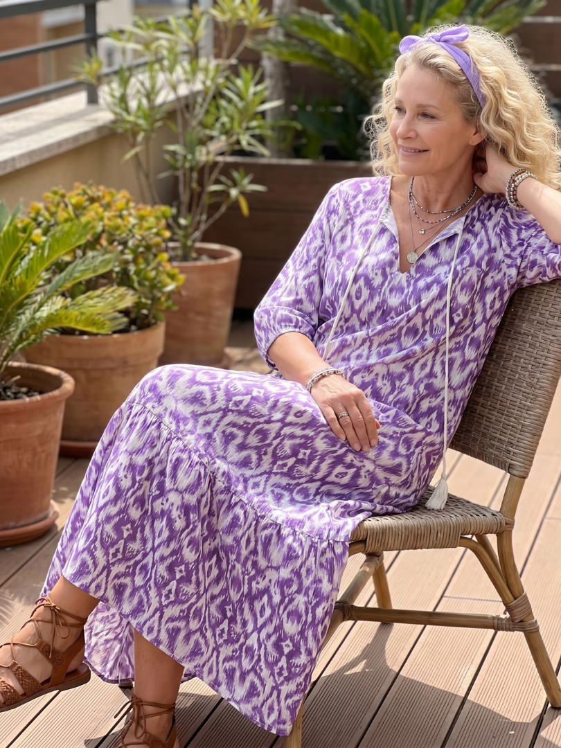 Penelope | Robe midi imprimée à liens et pompons