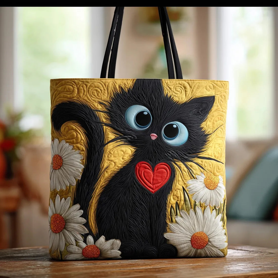 Sac artisanal matelassé - Chat noir et marguerites