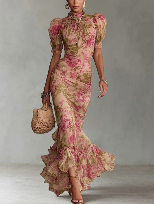Fiora - Robe longue imprimé roses vintage et manches bouffantes