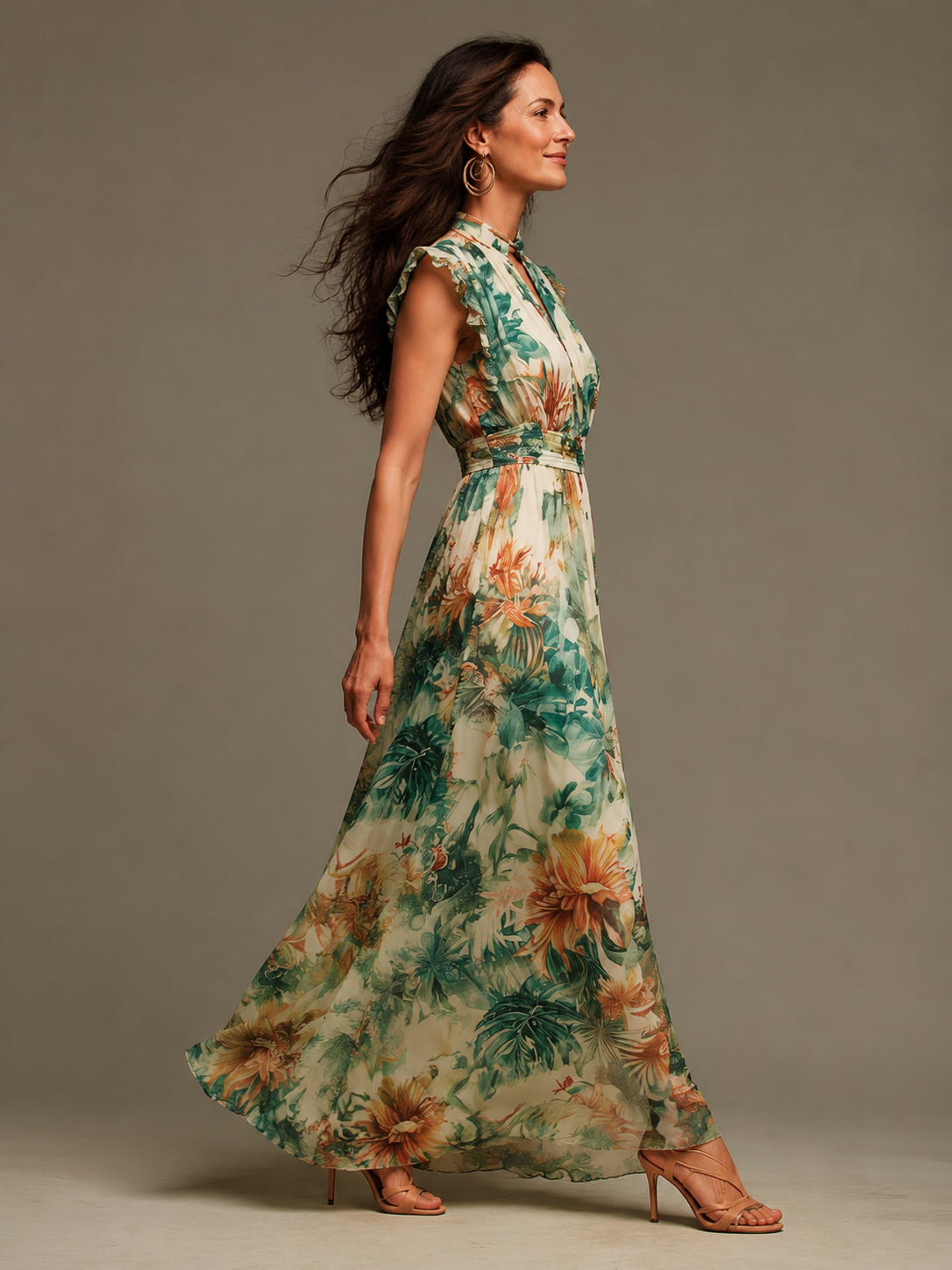 Grace | Robe longue en mousseline à imprimé tropical peint