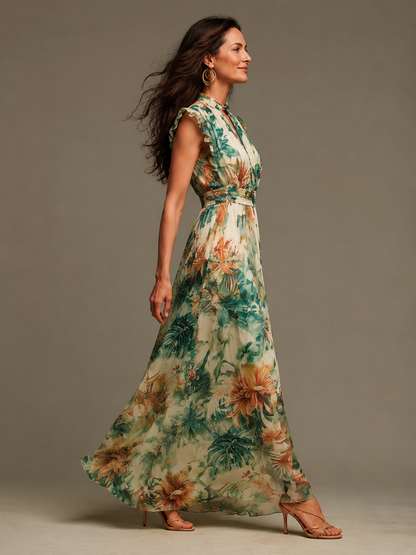 Grace | Robe longue en mousseline à imprimé tropical peint