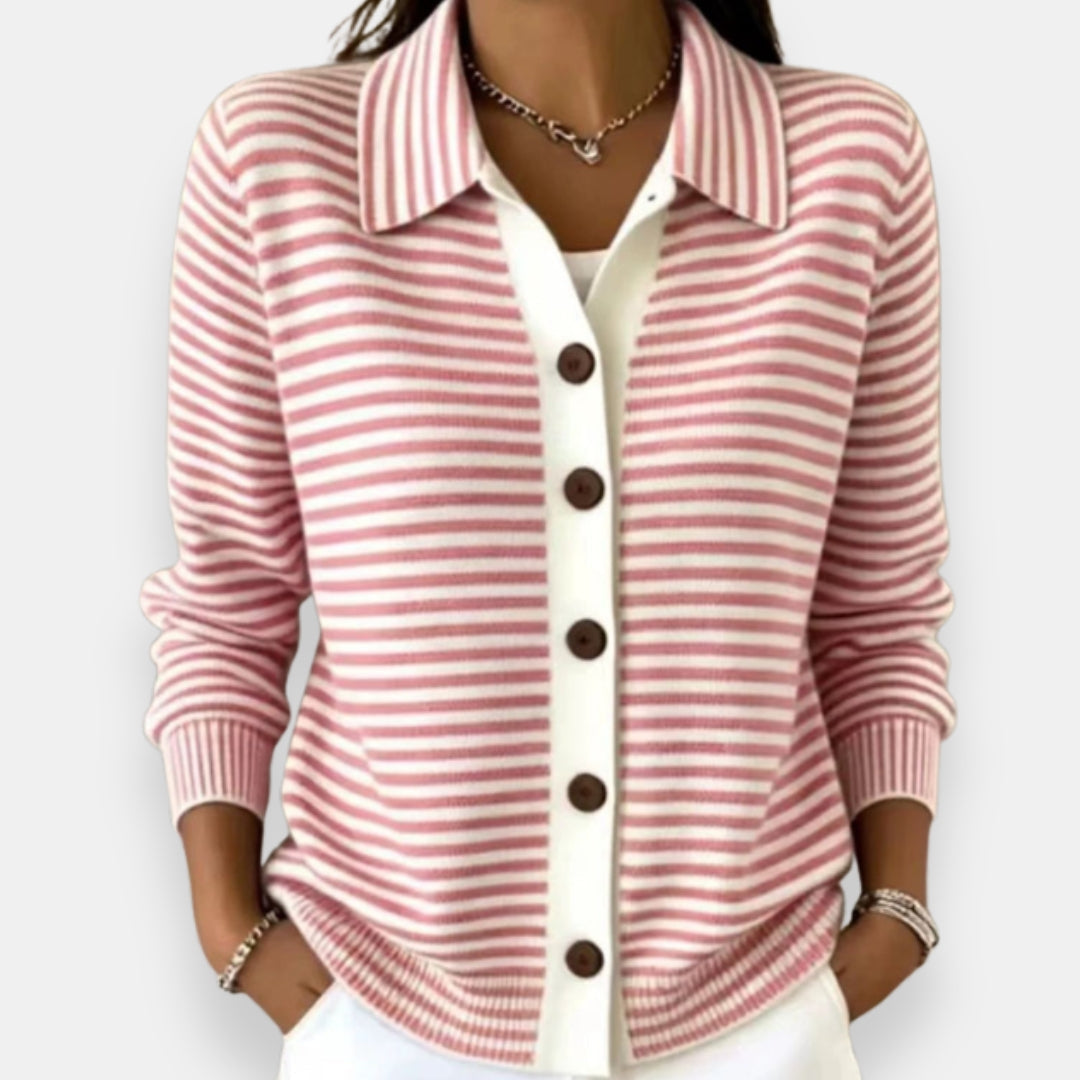 Pilar | Veste en maille rayée à boutonnage - Rose