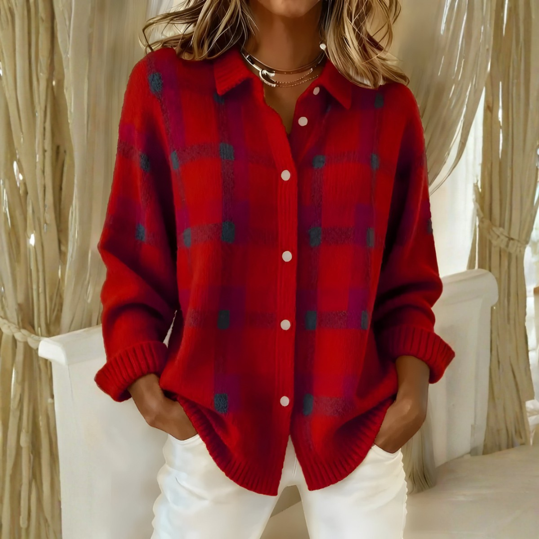 Emilia | Cardigan en maille à carreaux - Rouge