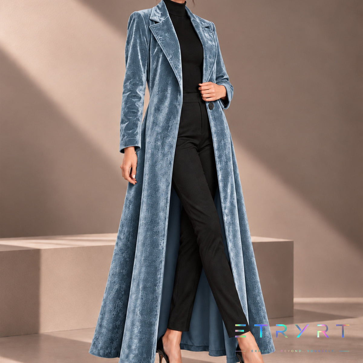 Beatrice | Manteau long en velours ouvert - Bleu clair