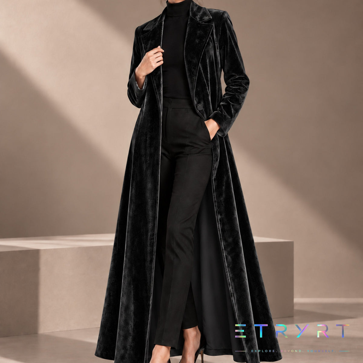 Beatrice | Manteau long en velours ouvert - Noir