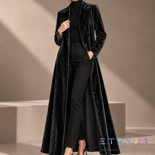 Beatrice | Manteau long en velours ouvert - Noir