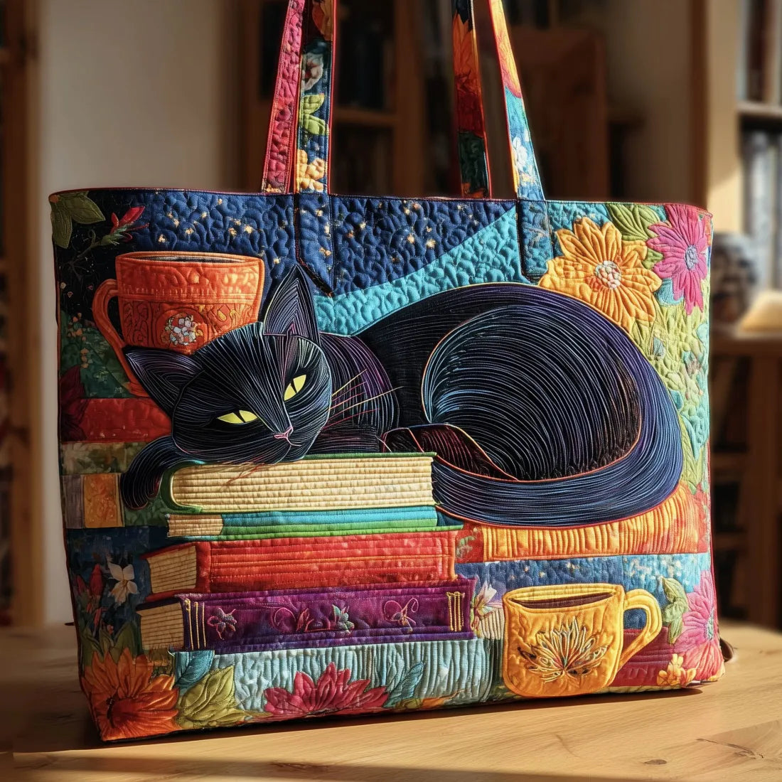 Sac artisanal matelassé - Livres et tasses (noir)
