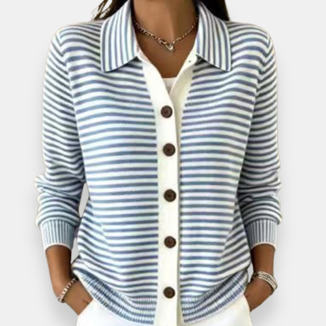 Pilar | Veste en maille rayée à boutonnage - Bleu clair