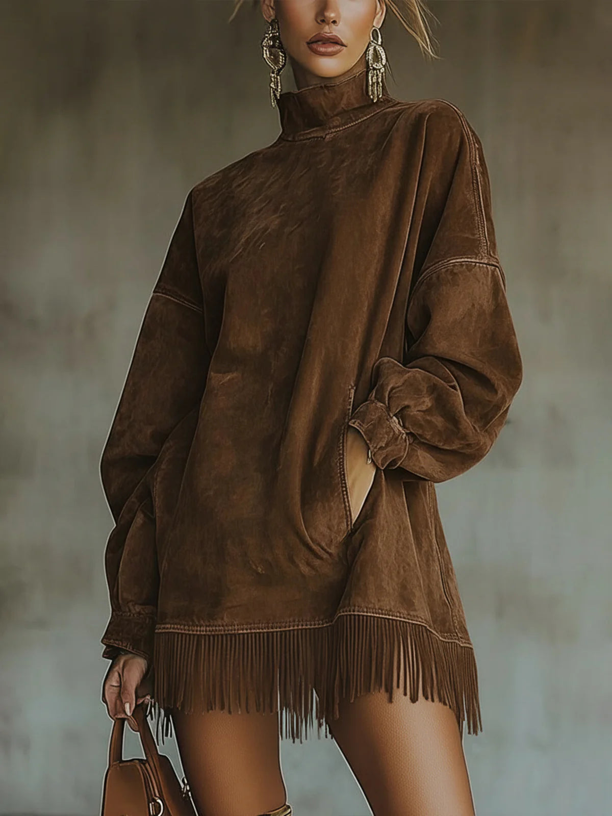 Gabriela | Robe en suède à col montant et franges