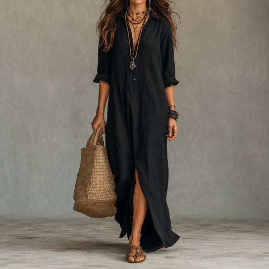  Nathalie | Robe longue noire ample boutonnée