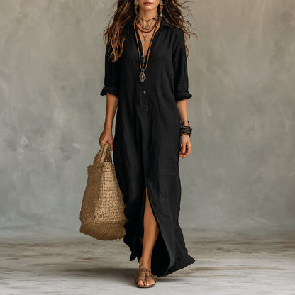  Nathalie | Robe longue noire ample boutonnée