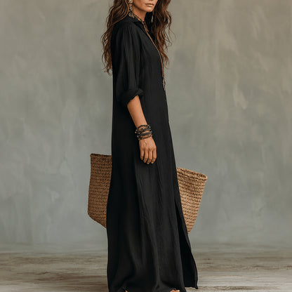  Nathalie | Robe longue noire ample boutonnée