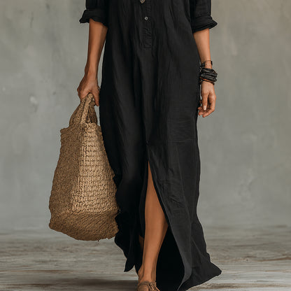  Nathalie | Robe longue noire ample boutonnée