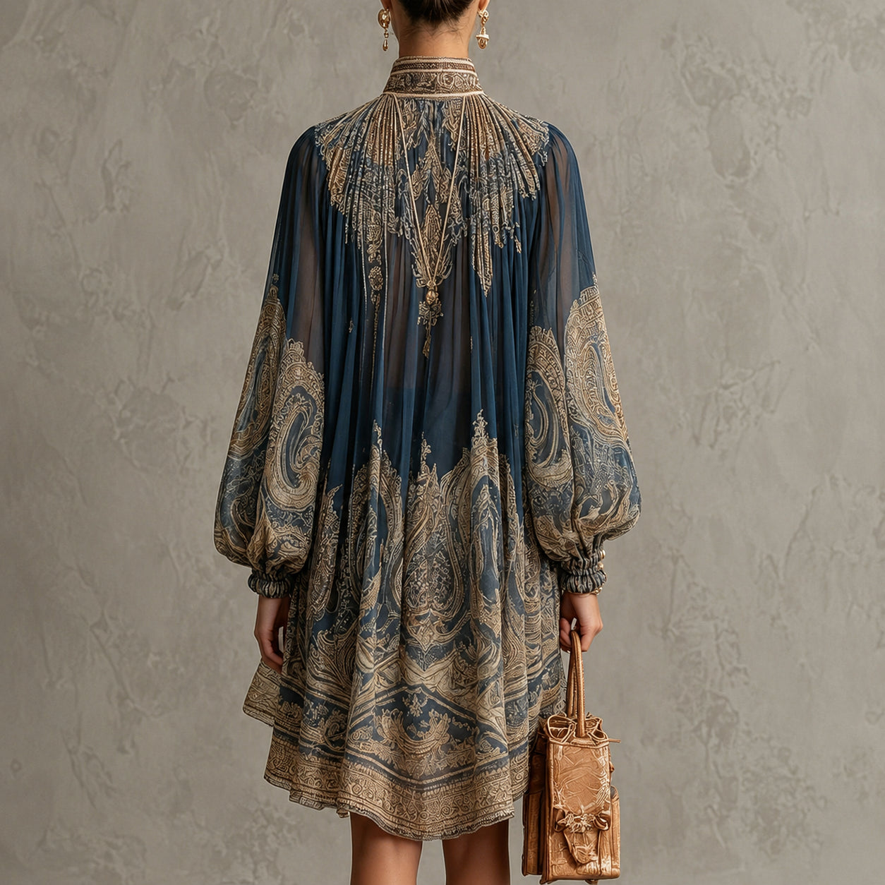 Marianna | Mini-robe en mousseline bleu marine à imprimé baroque doré