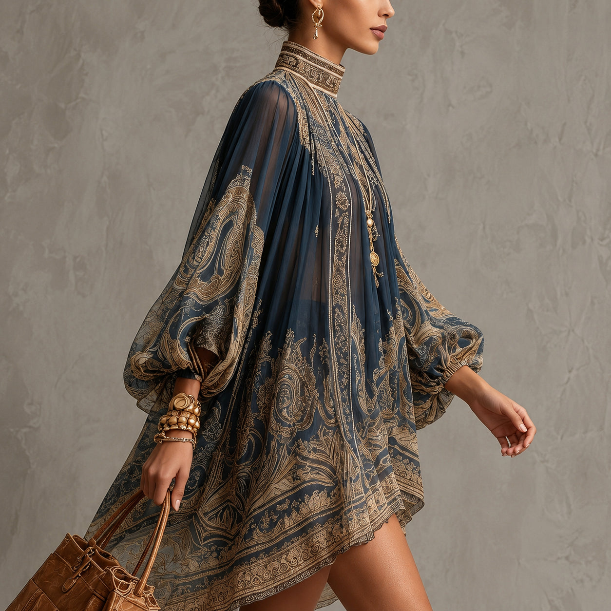 Marianna | Mini-robe en mousseline bleu marine à imprimé baroque doré