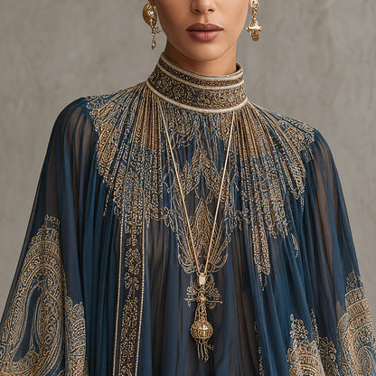 Marianna | Mini-robe en mousseline bleu marine à imprimé baroque doré