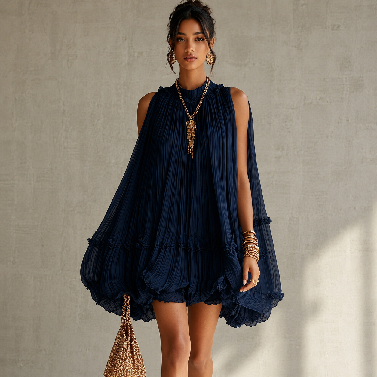 Camilla | Mini-robe en mousseline à col américain et jupe ballon