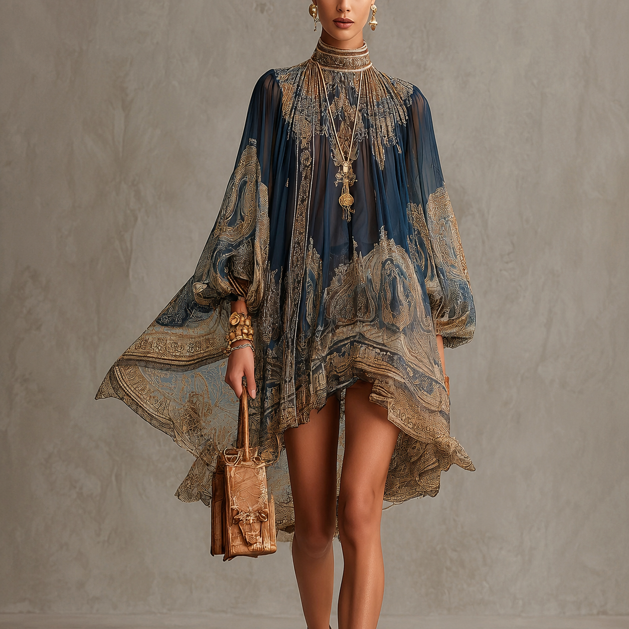 Marianna | Mini-robe en mousseline bleu marine à imprimé baroque doré
