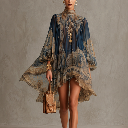Marianna | Mini-robe en mousseline bleu marine à imprimé baroque doré