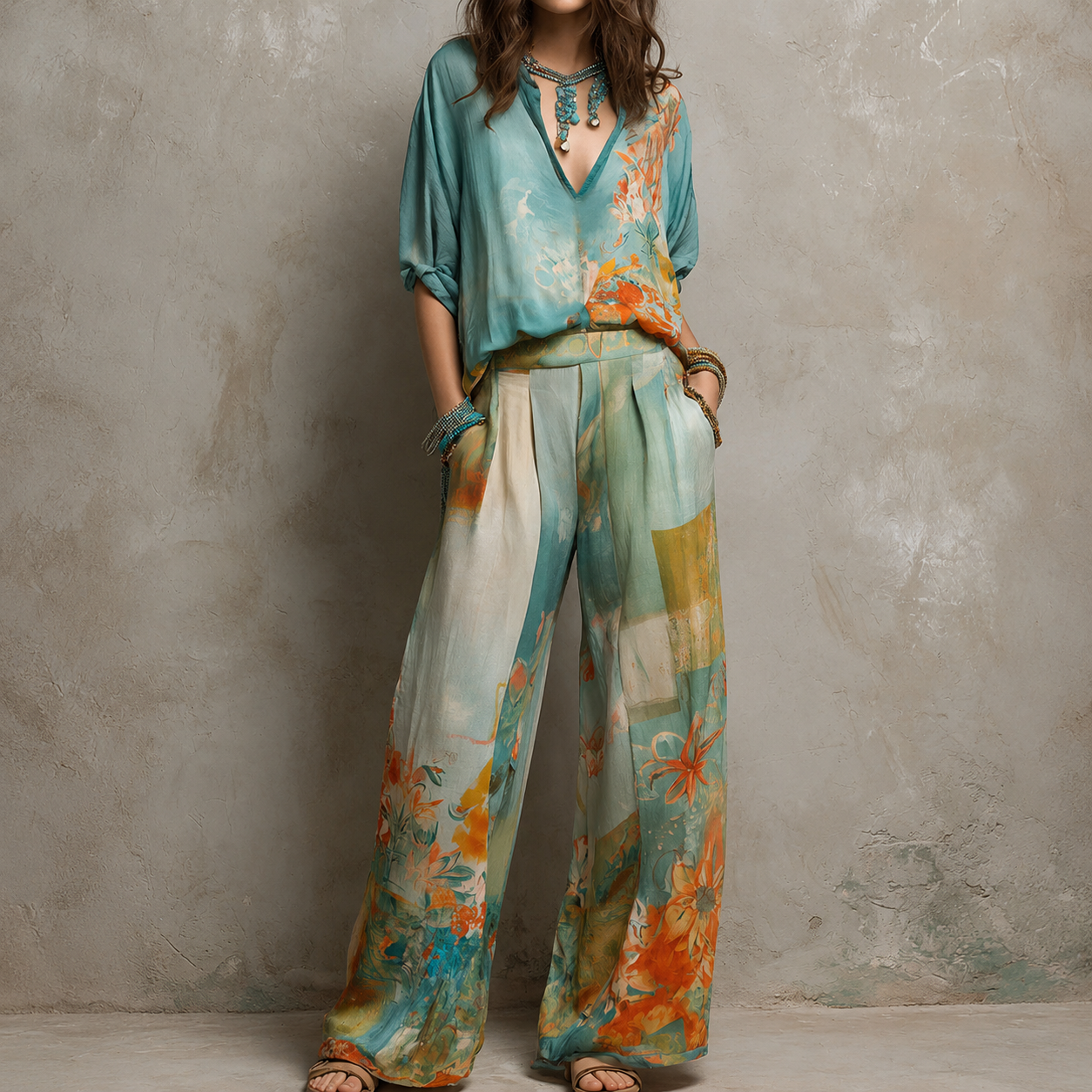 Chiara | Élégant ensemble imprimé floral et pantalon ample