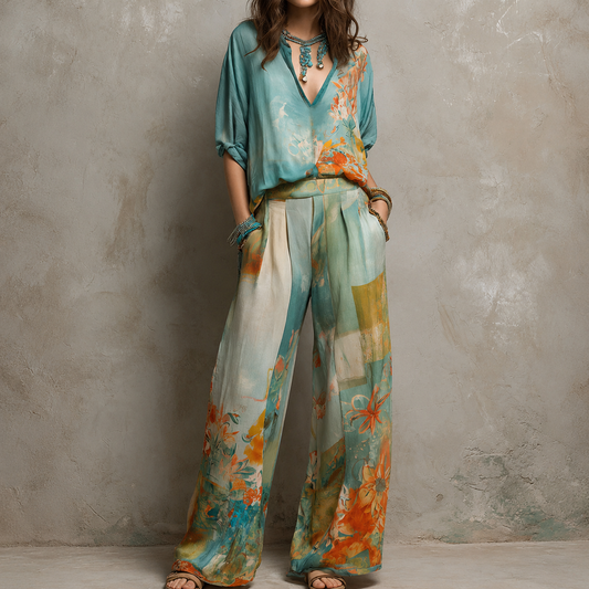 Chiara | Élégant ensemble imprimé floral et pantalon ample