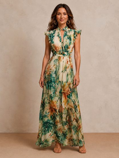 Grace | Robe longue en mousseline à imprimé tropical peint