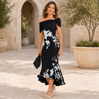 Flora | Robe mi-longue florale à épaules dénudées