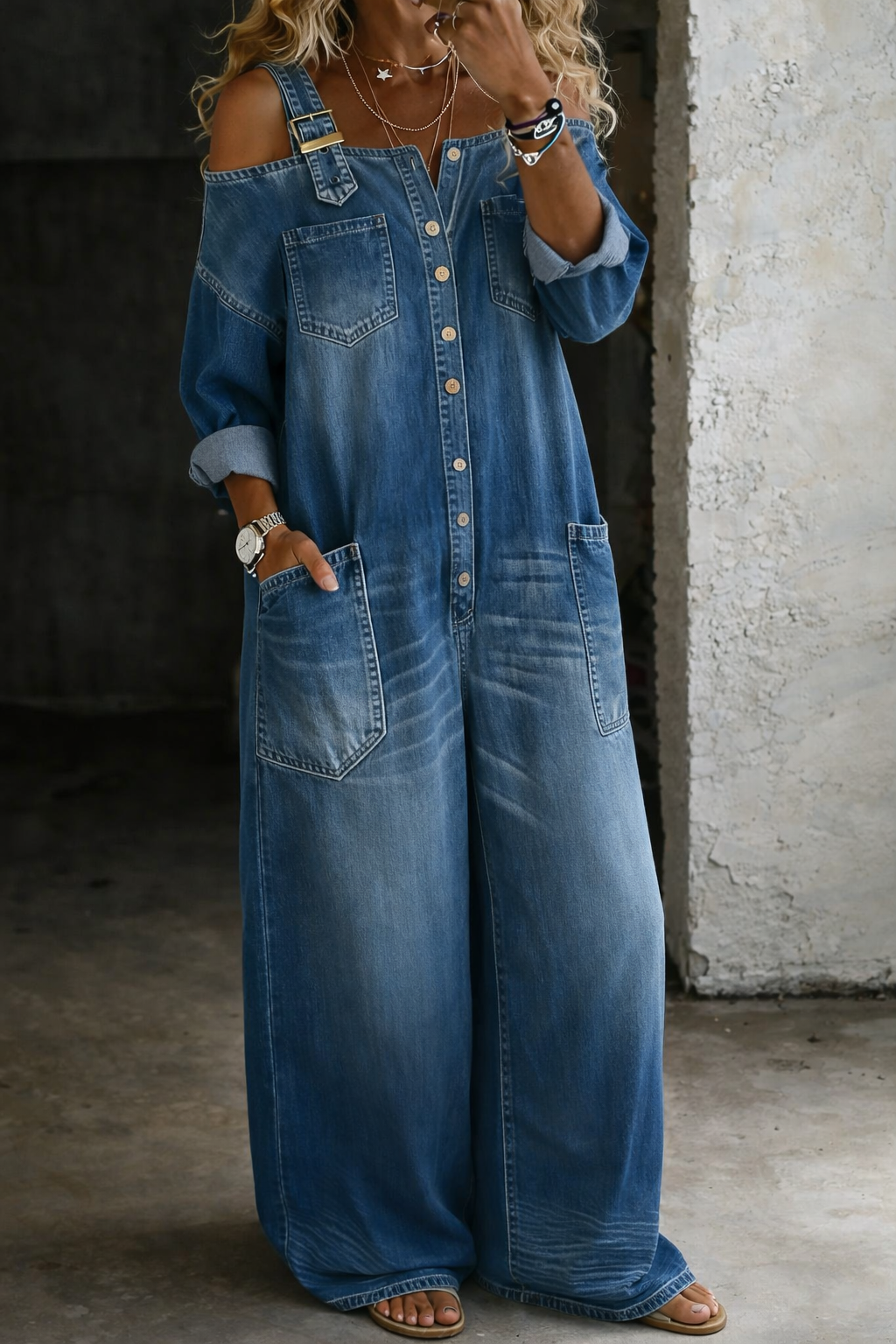 Stéphanie | Combinaison chemise en jean à épaules dénudées