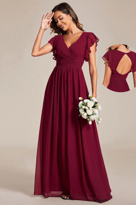 LILYANA™ | Robe de demoiselle d'honneur en mousseline à manches plissées et dos fendu