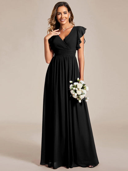 LILYANA™ | Robe de demoiselle d'honneur en mousseline à manches plissées et dos fendu