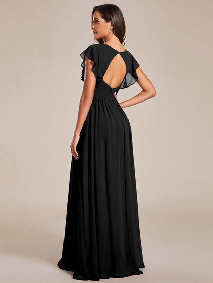 LILYANA™ | Robe de demoiselle d'honneur en mousseline à manches plissées et dos fendu
