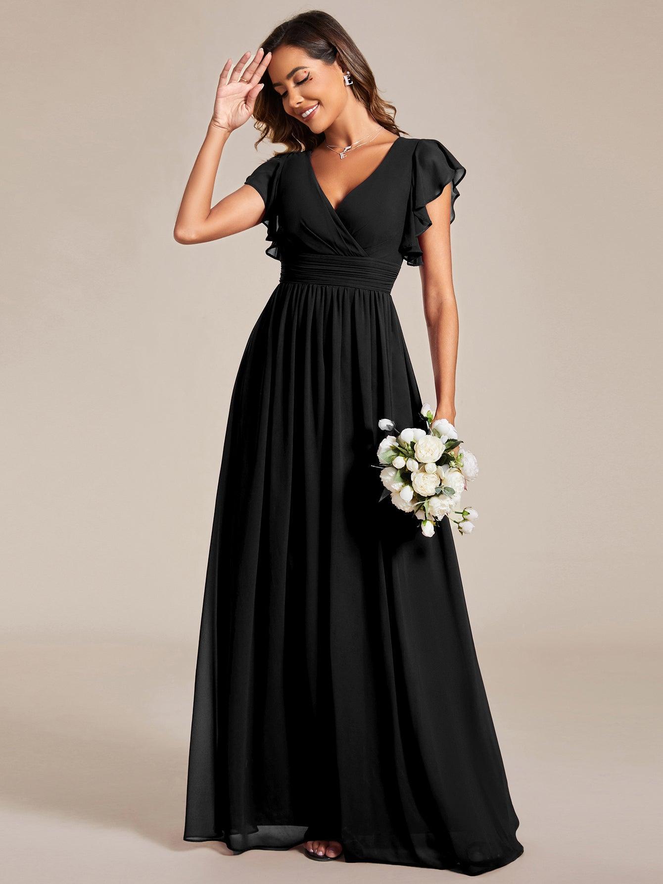 LILYANA™ | Robe de demoiselle d'honneur en mousseline à manches plissées et dos fendu