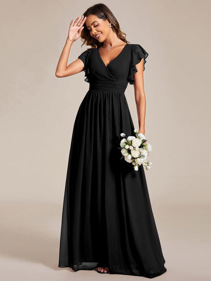 LILYANA™ | Robe de demoiselle d'honneur en mousseline à manches plissées et dos fendu