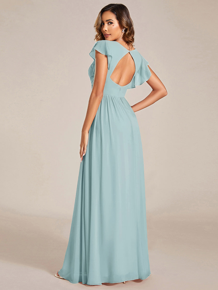 LILYANA™ | Robe de demoiselle d'honneur en mousseline à manches plissées et dos fendu