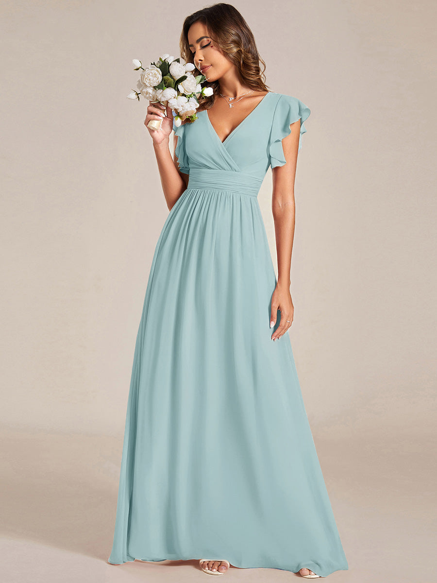 LILYANA™ | Robe de demoiselle d'honneur en mousseline à manches plissées et dos fendu