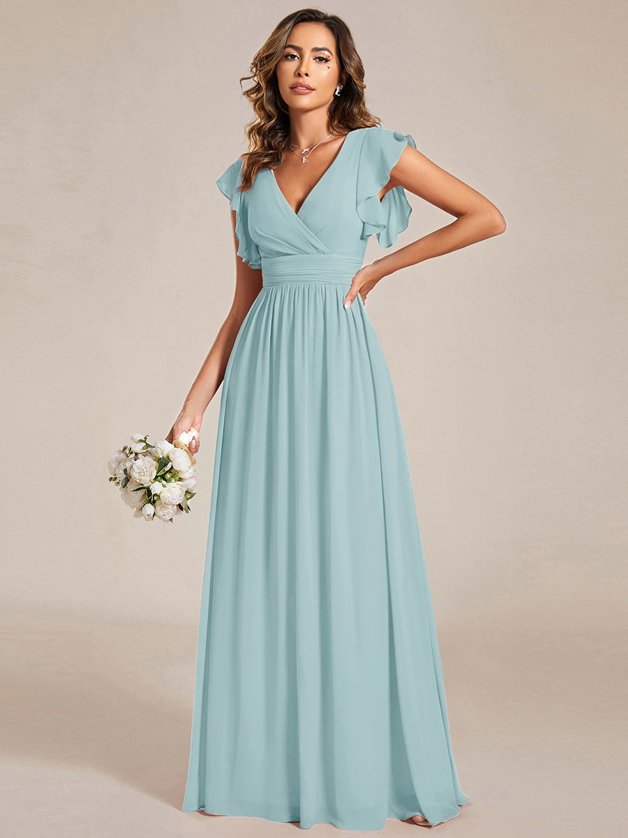 LILYANA™ | Robe de demoiselle d'honneur en mousseline à manches plissées et dos fendu