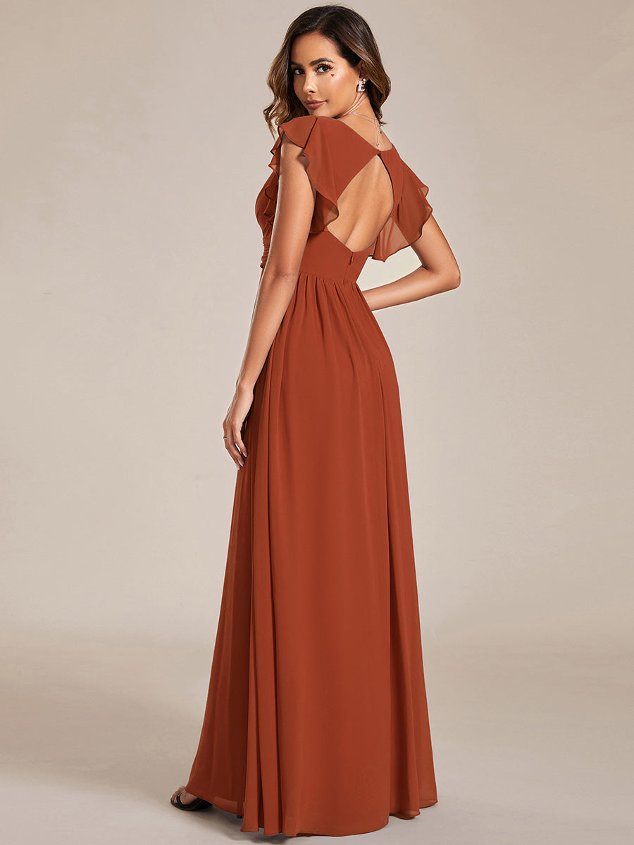 LILYANA™ | Robe de demoiselle d'honneur en mousseline à manches plissées et dos fendu