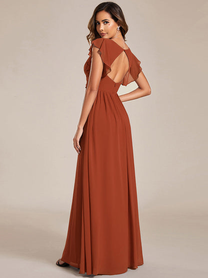LILYANA™ | Robe de demoiselle d'honneur en mousseline à manches plissées et dos fendu