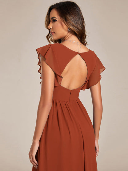 LILYANA™ | Robe de demoiselle d'honneur en mousseline à manches plissées et dos fendu