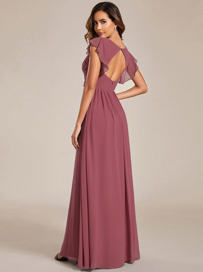 LILYANA™ | Robe de demoiselle d'honneur en mousseline à manches plissées et dos fendu