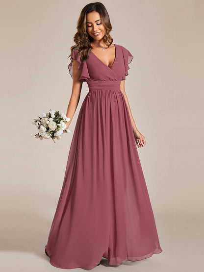 LILYANA™ | Robe de demoiselle d'honneur en mousseline à manches plissées et dos fendu
