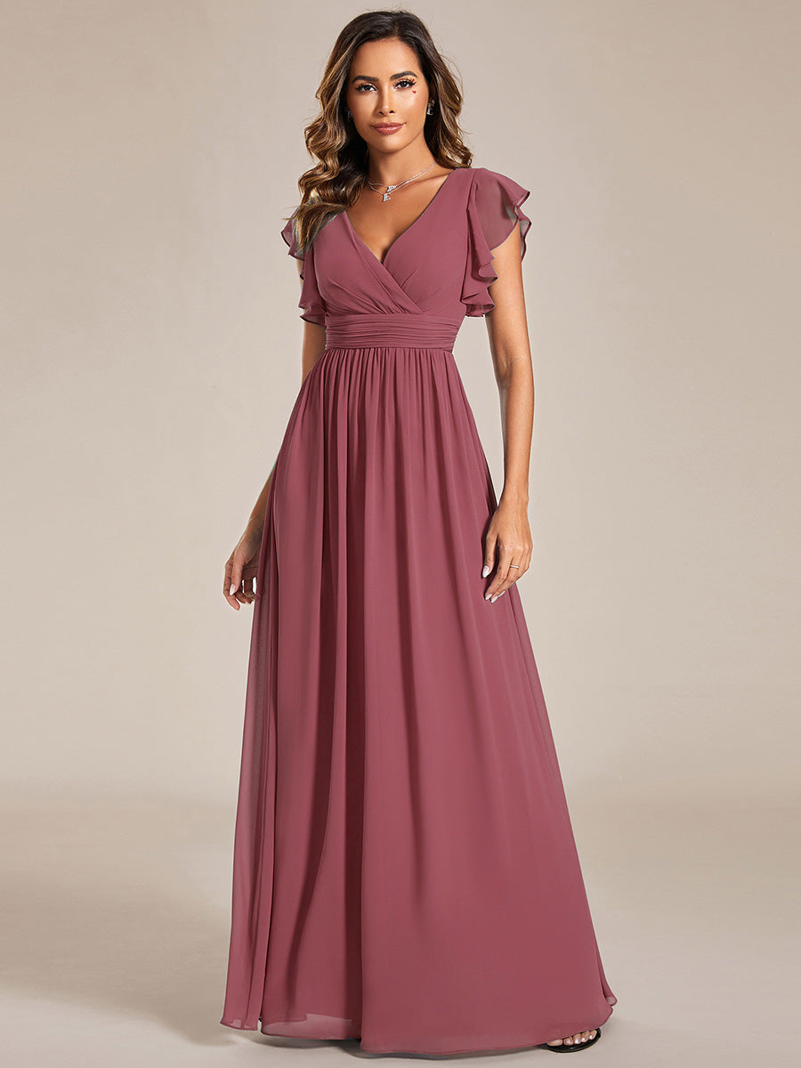 LILYANA™ | Robe de demoiselle d'honneur en mousseline à manches plissées et dos fendu