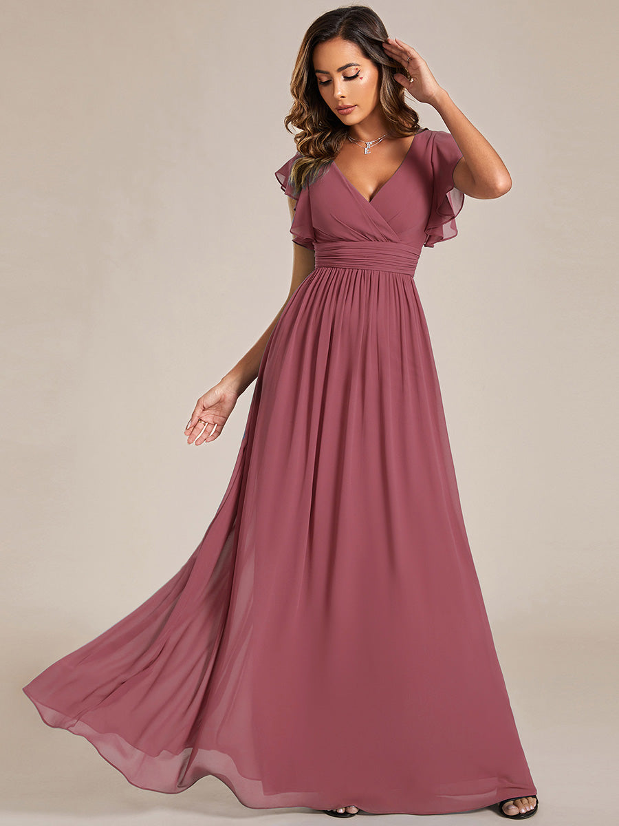 LILYANA™ | Robe de demoiselle d'honneur en mousseline à manches plissées et dos fendu