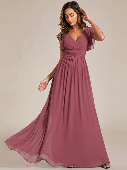 LILYANA™ | Robe de demoiselle d'honneur en mousseline à manches plissées et dos fendu