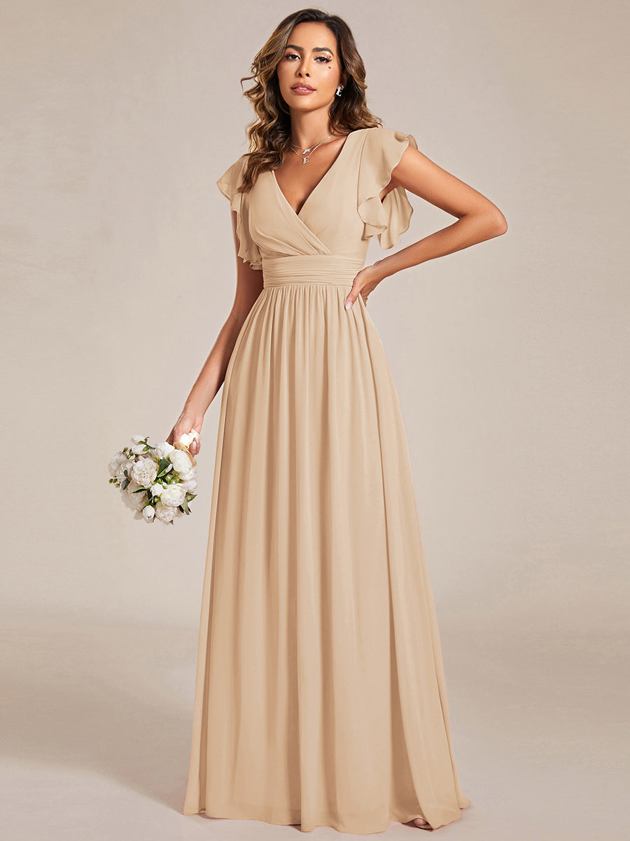 LILYANA™ | Robe de demoiselle d'honneur en mousseline à manches plissées et dos fendu