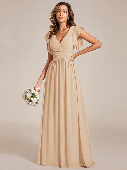LILYANA™ | Robe de demoiselle d'honneur en mousseline à manches plissées et dos fendu