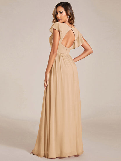 LILYANA™ | Robe de demoiselle d'honneur en mousseline à manches plissées et dos fendu