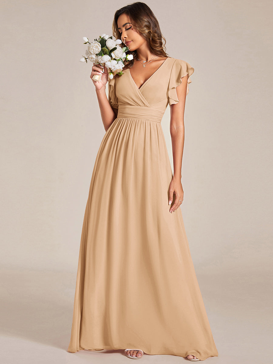 LILYANA™ | Robe de demoiselle d'honneur en mousseline à manches plissées et dos fendu