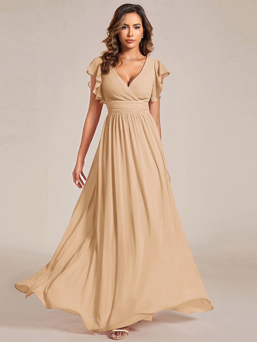 LILYANA™ | Robe de demoiselle d'honneur en mousseline à manches plissées et dos fendu