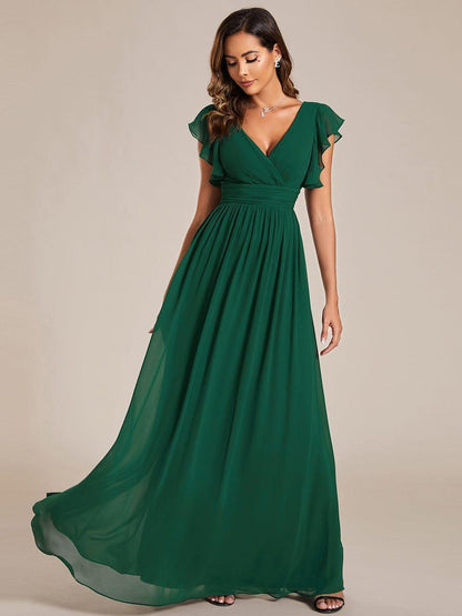 LILYANA™ | Robe de demoiselle d'honneur en mousseline à manches plissées et dos fendu